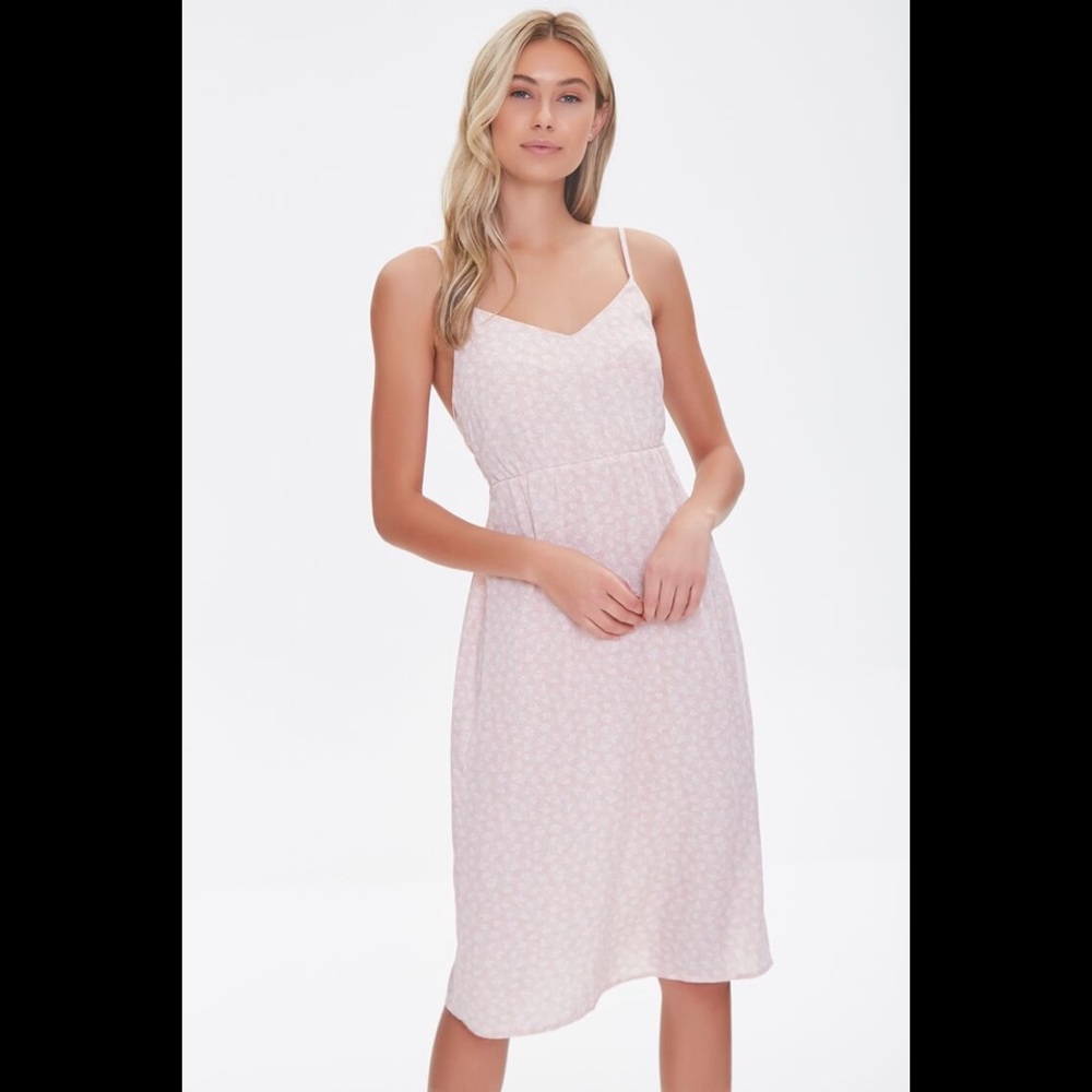 Forever 21 Pink Floral V-Neck Spaghetti Strap A-Line Dress Size Large - Picture 1 of 5